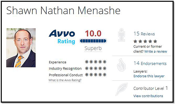 Shawn Menashe avvo.com clients' choice award 2014