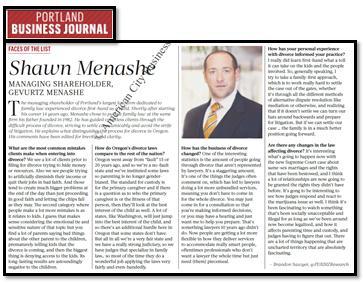 Shawn Menashe featured in Portland Business Journal article  - Special Report on Divorce Law